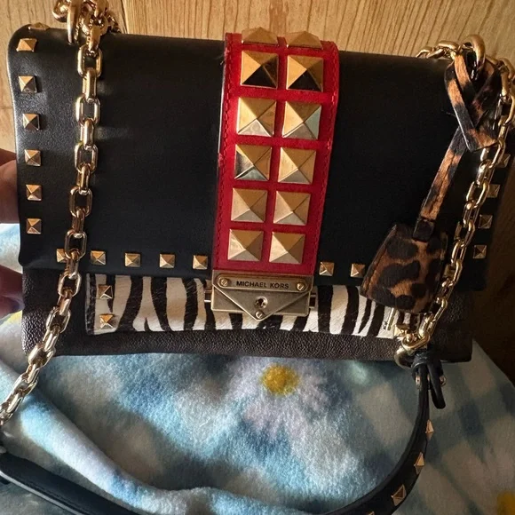 Michael Kors Cece Black Leather Crossbody Red Studded Strap and Zebra Accent - Picture 2 of 9